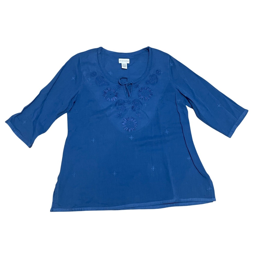 Soft Surroundings Women's Petite Lg Blue Embroidered Cotton Tunic Top Split Neck